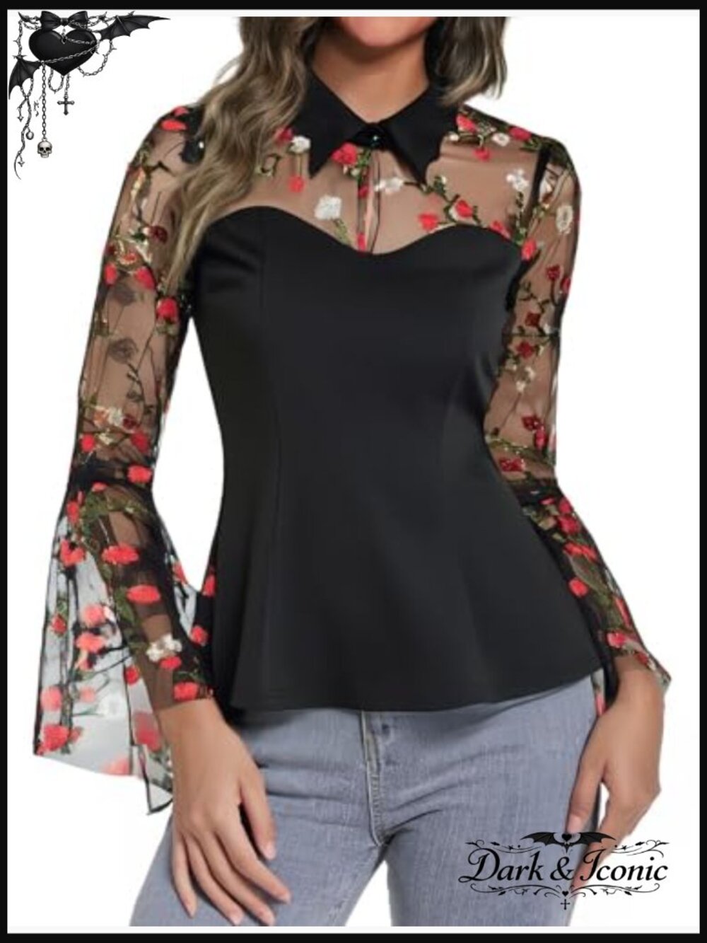 Gothic Bell Sleeve Blouse with Sheer Mesh - Vintage Rockabilly Top - Picture 2 of 6